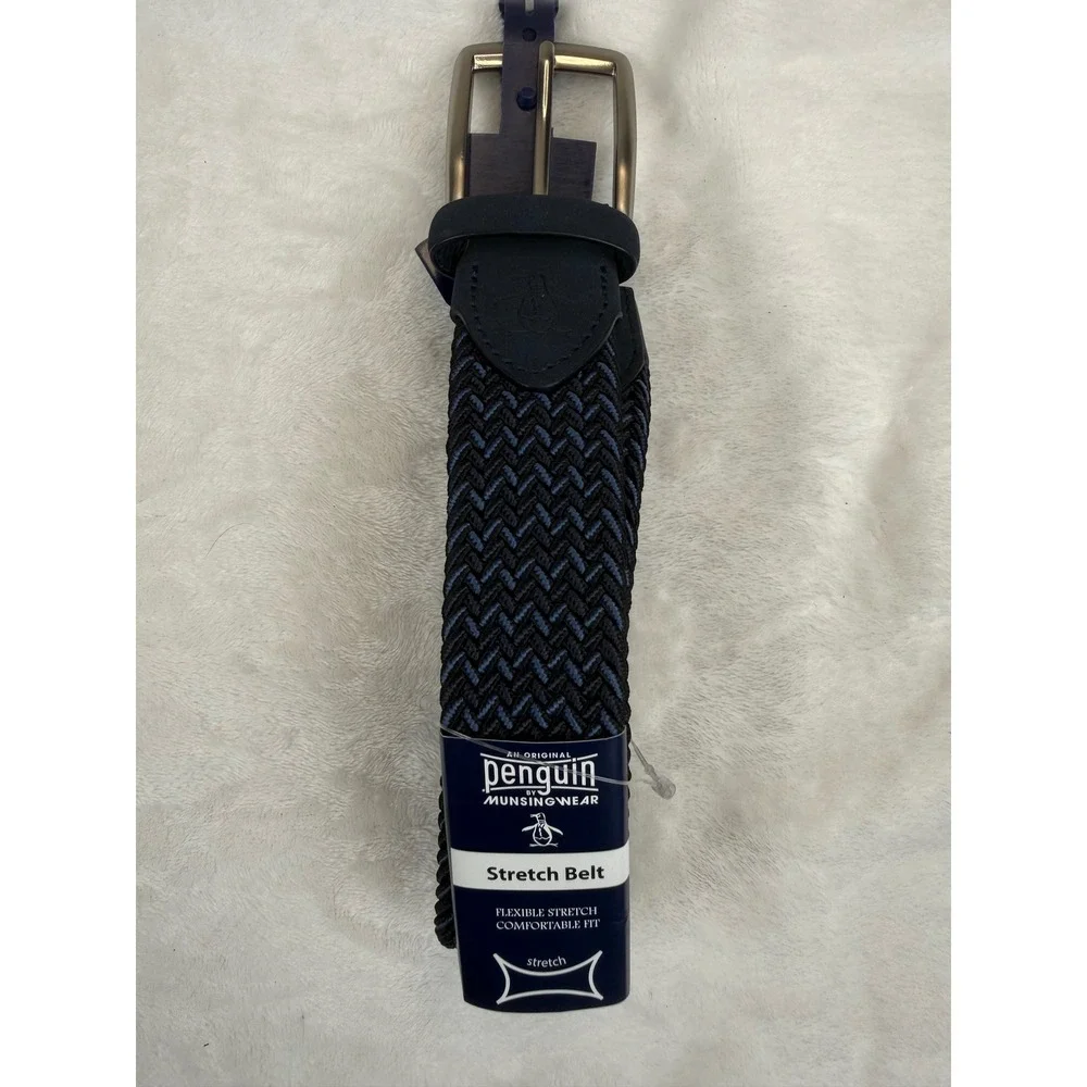 Original Penguin Mens Woven Stretch Belt Blue Braided Chevron Small 30-32